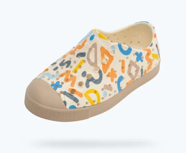 jefferson_sugarlite_print_1-17.webp Native Shoes Shoes^Jefferson Sugarlite Print Child Bone White/ Flax Tan/ Apricot Resting Squiggle